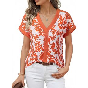 Furnex Womens Summer Tops V Neck Short Sleeve Blouses Dressy Casual Floral Boho Vacation Clothes in Kuwait