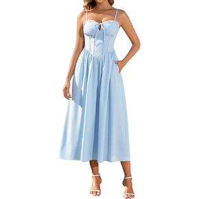 EYNMIN Floral Corset Midi Summer Wedding Guest Dress Lace Up Spaghetti Strap Flowy Dresses for Women Sundress with Pockets in Kuwait