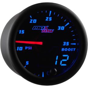 MaxTow Double Vision 35 PSI Turbo Boost Gauge Kit - Includes Electronic Pressure Sensor - Black Gauge Face - Blue LED Illuminated Dial - Analog & Digital Readouts - for Trucks - 2-1/16" 52mm in Kuwait