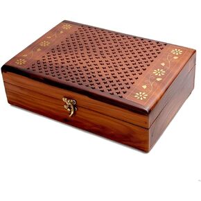 Decorative Wooden Box with Hinged Lid (12x8) – Handcrafted Large Jewelry Storage Box with Velvet Lining – Keepsake Box for Accessories & Daily Essentials in Saudi Arabia