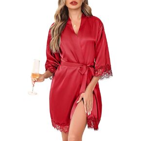 Lovasy Womens Silk Robe Lace Trim 3/4 Sleeve Kimono Robes Lightweight Satin Sexy Bride Bridesmaid Bathrobe Sleepwear S-XXL in Kuwait