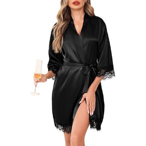 Lovasy المرأة حبل من الحرير الدانتيل تقليم 3/4 كم كيمونو الجلباب خفيفة الوزن الساتان مثير العروس وصيفه الشرف البشكير ملابس خاصة S-XXL in Kuwait