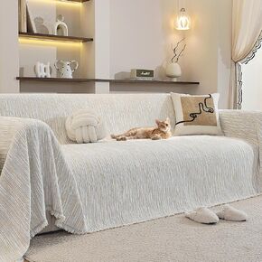 أغطية أريكة قابلة للغسل للأريكة، أغطية أريكة بوهو تشينيل بيضاء ناعمة لـ 2 وسادة مقسمة على شكل حرف L، غطاء أريكة صديق للحيوانات الأليفة، بطانية مجعدة مضادة للخدش مع شرابات 71 بوصة × 118 بوصة in Kuwait