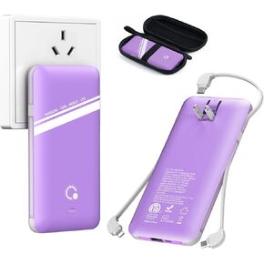 10000mAh Power Bank, Q Slim Portable Charger,4 Output External Battery Pack with Built-in AC Wall Plug Micro USB C Three Cables Compatible with All Kinds of mobilephone (Pink) in Kuwait