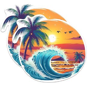 (2 Pack) Ocean Sunset with Palm Tree Stickers - Beach Bum Ocean Lover Sticker - 5 Inches On Longest Side - Premium Vinyl Decal - Sticks to Any Smooth Flat Surface - Made in USA - BMCS2005 in Kuwait