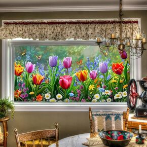 Tulip Butterfly Window Film 39.3x17.7 Inch Spring Floral Decorative Window Sticker Static Cling Window Privacy Film for Glass Panels Front Door Kitchen Bathroom in Kuwait