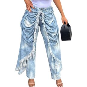 Women's Straight Jeans High Waisted Raw Trim Patchwork Denim Pants Plus Size Streetwear Distressed Jeans in Kuwait