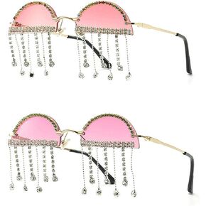 COTIA Unique Diamond Tassel Sunglasses Women Cute Half Round Rimless Rhinestone Pendant Party Sun Glasses Eyewear in Kuwait