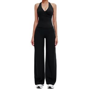 Meyeka 2 قطعة مجموعات تجريب للنساء الرسن الخامس الرقبة مبطن تانك القمم مطابقة الساق المستقيمة اليوغا السراويل ملابس الصالة الرياضية in Kuwait