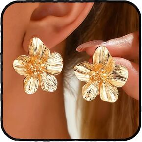 Large Gold Flower Earrings for Women, Chunky Petal Design White & Gold Stud Earrings, Lightweight Hypoallergenic Stainless Steel Jewelry for Party, Holiday Festive Fall Outfits, Elegant Gifts for Her in Kuwait