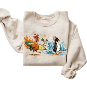 Funny Surfing Chicken and Penguin Sweatshirt Cute Beach Animal Graphic Pullover in Kuwait
