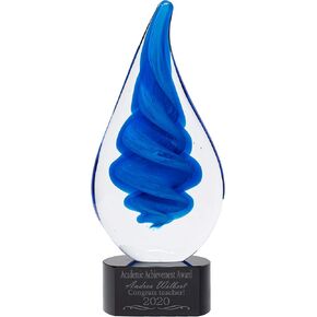 Personalized 10 1/4" Blue Twist Raindrop Art Glass Award Statue, Custom Engraved Blue Droplet Glass Art Sculpture for Employee Recognition, Appreciation, Volunteers, Donors, Teachers and More in Kuwait