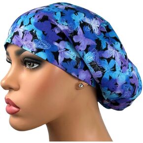 قبعة فرك جراحية، قبعة فرك يورو، قبعة ممرضة للنساء، الفراشات الزرقاء الأرجوانية in Kuwait