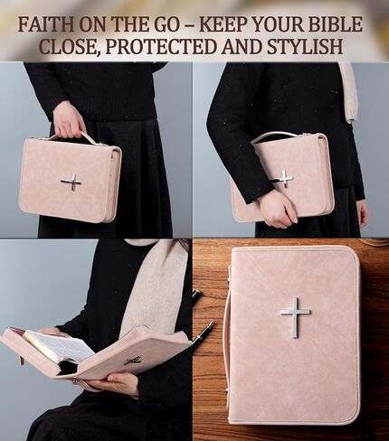Vegan Leather Bible Cover Case, Bible Bag with Phone Pocket, Bible Case for Men Women, Christian Gift Box Packaging (Pink) in Saudi Arabia
