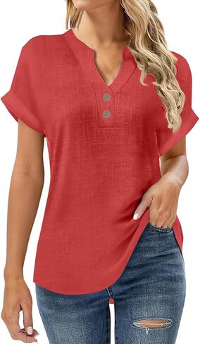 SMIDOW Linen Tops For Women - Short Sleeve v Neck Tunic Shirts Dressy Causal Button Up Summer Blouses Trendy 2026 in Saudi Arabia