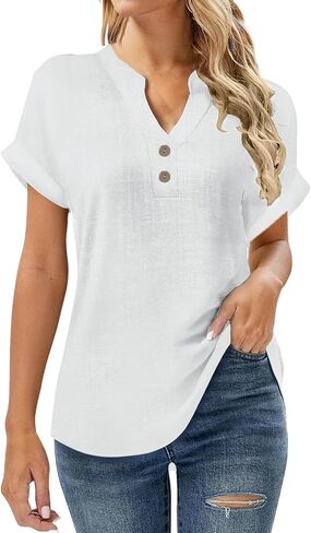 SMIDOW Linen Tops For Women - Short Sleeve v Neck Tunic Shirts Dressy Causal Button Up Summer Blouses Trendy 2026 in Saudi Arabia