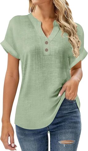 SMIDOW Linen Tops For Women - Short Sleeve v Neck Tunic Shirts Dressy Causal Button Up Summer Blouses Trendy 2026 in Saudi Arabia
