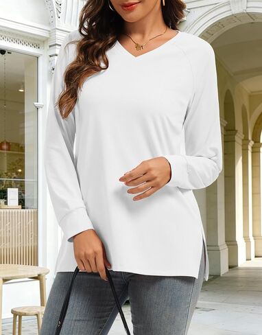 Long Sleeve Blouse for Women Casual V Neck Side Split Shirts Fahion Loose Fit Tunic Top to Wear with Legging in Saudi Arabia