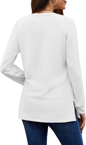 Long Sleeve Blouse for Women Casual V Neck Side Split Shirts Fahion Loose Fit Tunic Top to Wear with Legging in Saudi Arabia