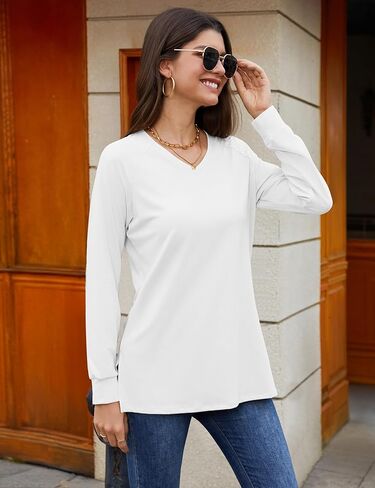 Long Sleeve Blouse for Women Casual V Neck Side Split Shirts Fahion Loose Fit Tunic Top to Wear with Legging in Saudi Arabia