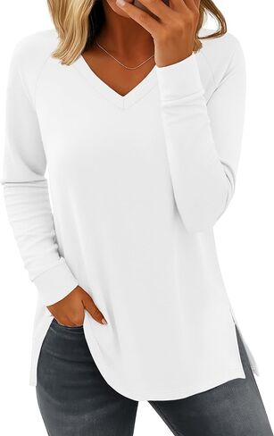 Long Sleeve Blouse for Women Casual V Neck Side Split Shirts Fahion Loose Fit Tunic Top to Wear with Legging in Saudi Arabia