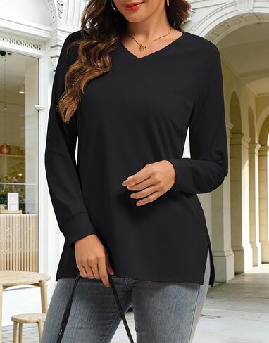 Long Sleeve Blouse for Women Casual V Neck Side Split Shirts Fahion Loose Fit Tunic Top to Wear with Legging in Saudi Arabia