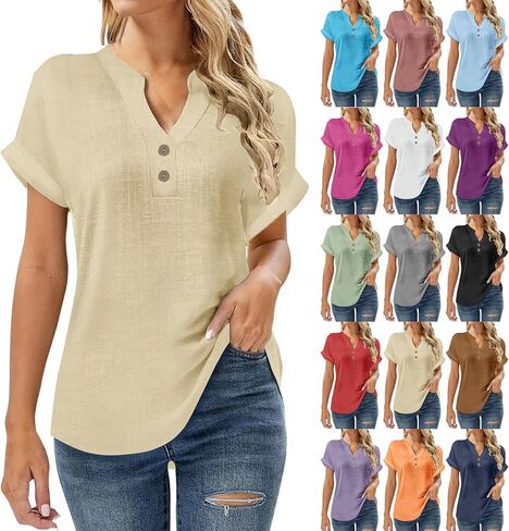 SMIDOW Linen Tops For Women - Short Sleeve v Neck Tunic Shirts Dressy Causal Button Up Summer Blouses Trendy 2026 in Saudi Arabia