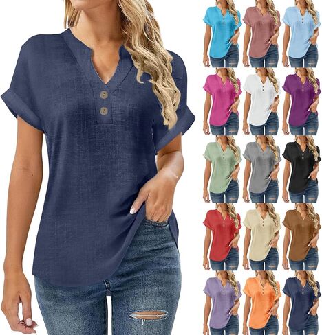 SMIDOW Linen Tops For Women - Short Sleeve v Neck Tunic Shirts Dressy Causal Button Up Summer Blouses Trendy 2026 in Saudi Arabia