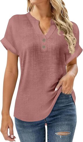 SMIDOW Linen Tops For Women - Short Sleeve v Neck Tunic Shirts Dressy Causal Button Up Summer Blouses Trendy 2026 in Saudi Arabia