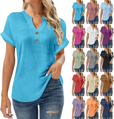 SMIDOW Linen Tops For Women - Short Sleeve v Neck Tunic Shirts Dressy Causal Button Up Summer Blouses Trendy 2026 in Saudi Arabia
