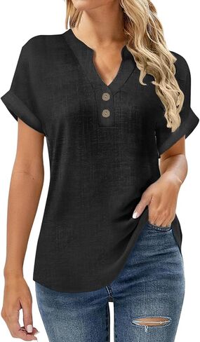 SMIDOW Linen Tops For Women - Short Sleeve v Neck Tunic Shirts Dressy Causal Button Up Summer Blouses Trendy 2026 in Saudi Arabia