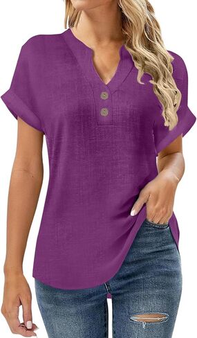 SMIDOW Linen Tops For Women - Short Sleeve v Neck Tunic Shirts Dressy Causal Button Up Summer Blouses Trendy 2026 in Saudi Arabia