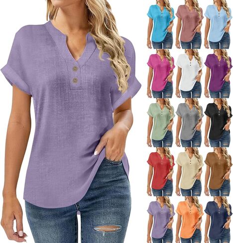 SMIDOW Linen Tops For Women - Short Sleeve v Neck Tunic Shirts Dressy Causal Button Up Summer Blouses Trendy 2026 in Saudi Arabia