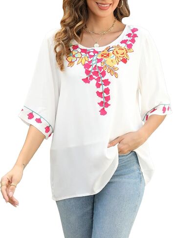AK Women's Boho Embroidered Tops 3/4 Sleeve Mexican Peasant Shirts Bohemian Loose Tunic Blouses in Saudi Arabia
