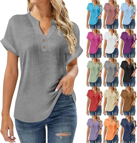 SMIDOW Linen Tops For Women - Short Sleeve v Neck Tunic Shirts Dressy Causal Button Up Summer Blouses Trendy 2026 in Saudi Arabia
