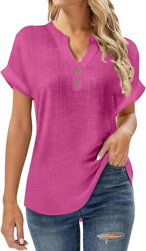 SMIDOW Linen Tops For Women - Short Sleeve v Neck Tunic Shirts Dressy Causal Button Up Summer Blouses Trendy 2026 in Saudi Arabia