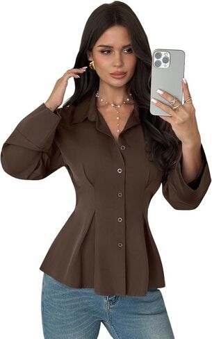 قميص SweatyRocks النسائي ذو الخصر المطوي وأزرار سفلية، بلوزة عمل in Saudi Arabia
