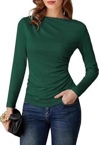 GRACE KARIN Women's Fall Surplice Wrap Blouse - Boat Neck Ruched Fitted, Flattering Dressy Casual Versatile Top, Green M in Saudi Arabia
