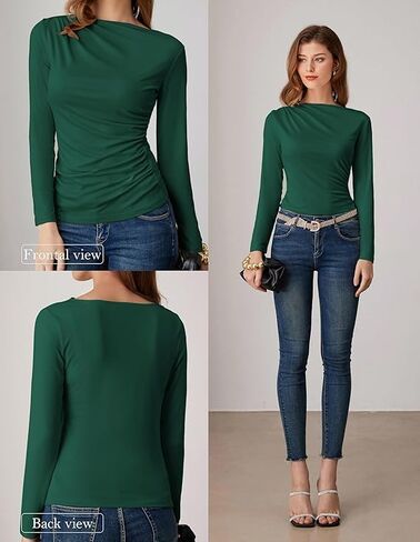 GRACE KARIN Women's Fall Surplice Wrap Blouse - Boat Neck Ruched Fitted, Flattering Dressy Casual Versatile Top, Green M in Saudi Arabia