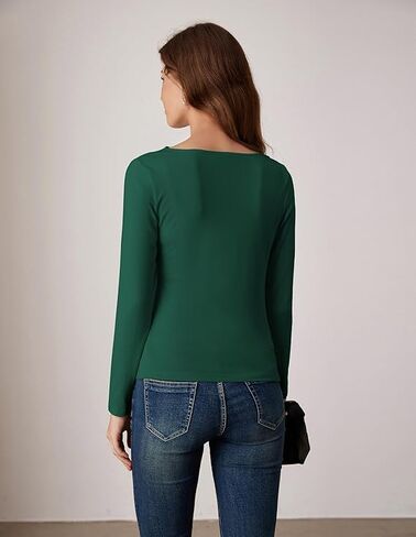 GRACE KARIN Women's Fall Surplice Wrap Blouse - Boat Neck Ruched Fitted, Flattering Dressy Casual Versatile Top, Green M in Saudi Arabia