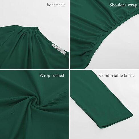 GRACE KARIN Women's Fall Surplice Wrap Blouse - Boat Neck Ruched Fitted, Flattering Dressy Casual Versatile Top, Green M in Saudi Arabia
