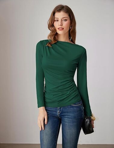 GRACE KARIN Women's Fall Surplice Wrap Blouse - Boat Neck Ruched Fitted, Flattering Dressy Casual Versatile Top, Green M in Saudi Arabia