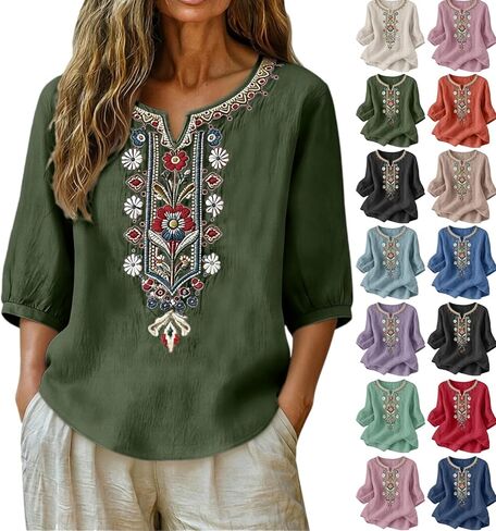 Womens Summer Tops Cotton Linen 3/4 Sleeve V Neck Embroidered Boho Shirts Dressy Casual Fashion Beach Vacation Clothes in Kuwait