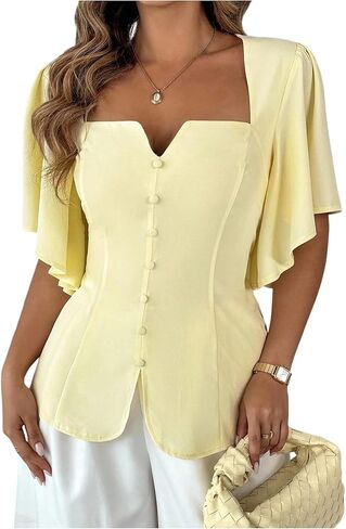 Floerns Women's Plus Size Butterfly Sleeve Blouse Tops Square Neck Dressy Casual Shirts in Saudi Arabia
