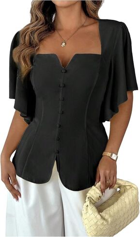 Floerns Women's Plus Size Butterfly Sleeve Blouse Tops Square Neck Dressy Casual Shirts in Saudi Arabia
