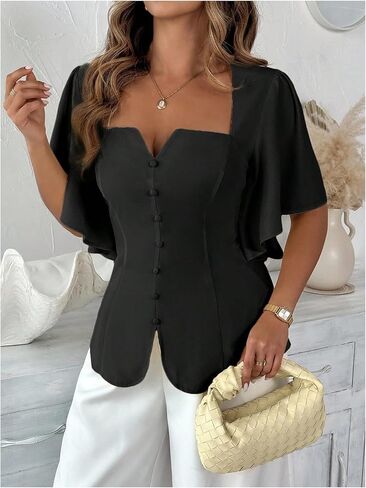 Floerns Women's Plus Size Butterfly Sleeve Blouse Tops Square Neck Dressy Casual Shirts in Saudi Arabia