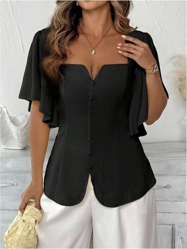 Floerns Women's Plus Size Butterfly Sleeve Blouse Tops Square Neck Dressy Casual Shirts in Saudi Arabia