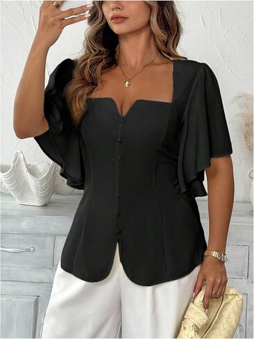 Floerns Women's Plus Size Butterfly Sleeve Blouse Tops Square Neck Dressy Casual Shirts in Saudi Arabia