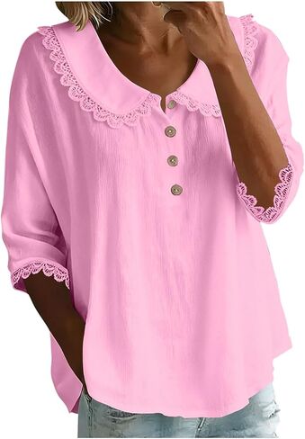 قميص نسائي بياقة بيتر بان 3/4 كم بأزرار لأعلى للربيع والصيف وبلوزة كلاسيكية للعمل غير الرسمي in Kuwait