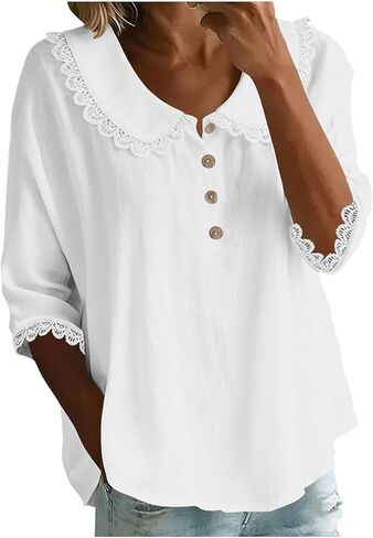 Womens Peter Pan Collar Shirt 3/4 Sleeve Button Up Spring Summer Scalloped Trim Casual Work Vintage Blouse Tops in Saudi Arabia